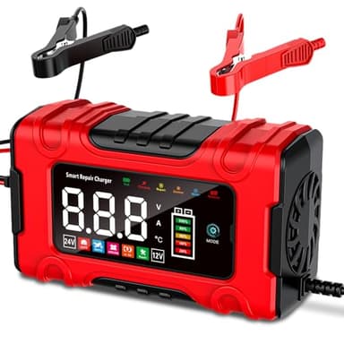 10A Autobatterie Ladegerät, 12V/24V Batterie Ladegerät Auto mit Reparaturmodus & Erhaltungsladung, LCD-Display für Auto, LKW, Motorrad, Boot - Kompatibel mit Blei-Säure, AGM, LiFePO4 Batterien