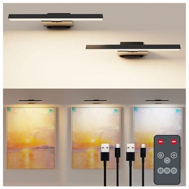 Deyagoo Bilderleuchte Kabellos, 2 Stück LED Wandleuchte Innen mit Fernbedienung, 6000mAh Akku Bildbeleuchtung mit Timer, Dart Beleuchtung, 3 Farbmodi Dimmbare Wandlampe für Malen Foto Art, Schwarz
