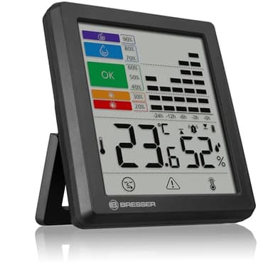 Bresser Thermo-Hygrometer mit Schimmelwarnung, Farb-Indikator, Raumklima-Manager, Misst Temperatur und Luftfeuchtigkeit, Grippe-/Hitzealarm, Grafische Feuchtigkeitshistorie, 95x85x21mm
