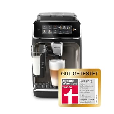 Philips 3300 Series Kaffeevollautomat - 6 Getränke, Modernes Farb-Touchscreen-Display, LatteGo-Milchsystem, SilentBrew, 100% Keramikmahlwerk, AquaClean Filter. Schwarzchrom (EP3347/90)