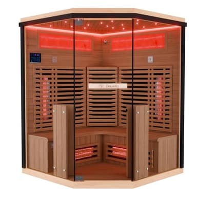 Dewello® Infrarotkabine Infrarotsauna KENORA 140x140 für 2-3 Personen aus Hemlockholz, Vollspektrumstrahler, Bodenstrahler, LED-Farblicht, Bluetooth, mit Salzsteinoptik