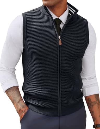 PJ PAUL JONES Herren-Pullover-Weste, schmale Passform, Twill strukturiert, durchgehender Reißverschluss, ärmellose Westen, lässige Oberbekleidung, grau dunkel, Klein