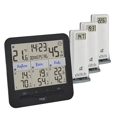 TFA Dostmann Thermo-Hygrometer mit 3 Sendern Klima@Home2, 30.3075.01, Temperatur/Luftfeuchtigkeit in Wohn- & Arbeitsbereichen, inkl Angabe des Taupunktes zur Schimmelvermeidung, Komfortzone, schwarz