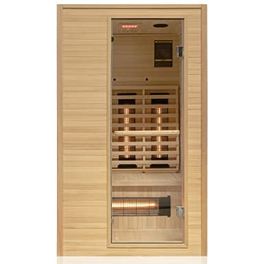 Dewello® Infrarotkabine Infrarotsauna Calgary 115cm x 105cm 1-2 Personen inkl. Vollspektrumstrahler, Ionisator mit Aroma Therapie, LED-Farblichttherapie aus Hemlock Tannenholz