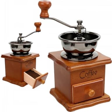 Retoo Kaffeemühle, Braun Retro Manuelle Kaffeemühle auf Holz mit Handkurbel, Tragbar, Kaffee Mühle im Antik Design, Espressomühle für Kaffee Bohnen, Edelstahl