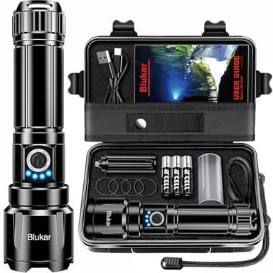 Blukar Taschenlampe LED Aufladbar, Extrem Hell Hohe Helligkeit Zoombar Taschenlampen Starke mit 5 Lichtmodi, IP67 Wasserdichte Flashlight Torch für Camping, Wandern, Outdoor, Angeln, Notfäll