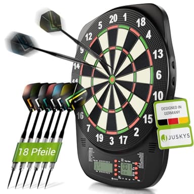 Juskys Elektronische Dartscheibe mit 32 Spielen & 359 Varianten, LCD-Display, USB-C, Pfeile & Zubehör, für bis zu 8 Spieler, Netz- & Batteriebetrieb