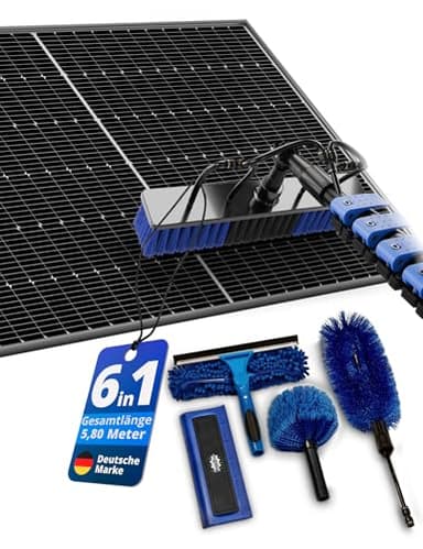 BoomDing Teleskop Waschbürste mit Photovoltaik Schneeschieber – 5,8 m – All-in-One Reinigungsset mit 5 Aufsätzen für PV Anlage, Wintergarten, Dachrinne & Terrassendach – mit Seifenspender
