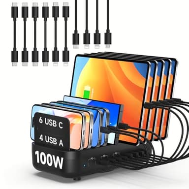 SooPii 100W 10-Fach USB-Ladestation mit 6 USB-C und 4 USB-A Anschlüssen, PD-Schnellladung kompatibel mit lPhone, lPad, Galaxy und Anderen Geräten, inklusive 10 gemischten Ladekabeln (Schwarz)