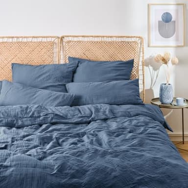 Blumtal Musselin Bettwäsche 155x220 cm + 40x80 cm - Oeko-TEX zert. Bettwäsche Musselin aus 100% Baumwolle - extra weiches Bettwäsche-Set waschbar bei 40 °C - Sommerbettwäsche Dunkelblau