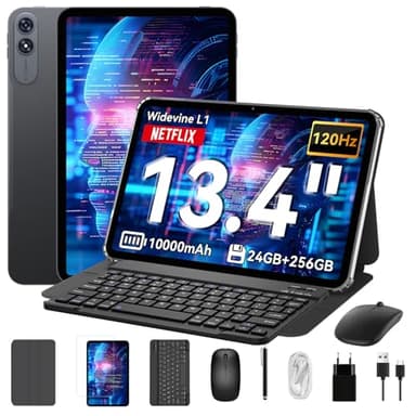 T60 Pro Tablet 13.4 Zoll,Tablet Android 15 mit Tastatur,120Hz FHD,24GB RAM+256GB ROM,10000mA,WideVine L1/16MP+8MP AI Kamera/Face ID/GPS,Octa-Core Gaming Tablets mit Stift,Maus,Hülle,4 Jahre Garantie
