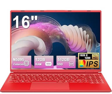 2025 Gaming Laptop 16 Zoll Win11 12+512GB SSD Unterstützung 2TB(HDD-2TB) 1920x1200 Notebook 4-Core Celeron N5095 (bis 2.9GHz) Laptop mit Nummerntastatur WiFi Mini HDMI Deutscher Tastaturschutz-Rot