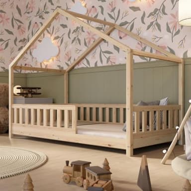 Crazy Pine Hausbett 120x200 cm – Kinderbett aus Naturholz mit Rausfallschutz – Montessori Bodenbett mit Höhenverstellbaren Beinen und Abnehmbarer Barriere - Crazy House
