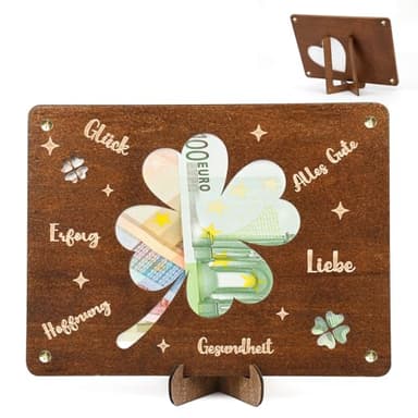 Geldgeschenk,Wunscherfüller Geschenke für Brautpaar,Originelle Hochzeitsgeschenke aus Holz inkl. Ständer, Geldgeschenk Verpackung für Hochzeit, Geburtstag, Jugendweihe & Reisen (Holz-Klee)