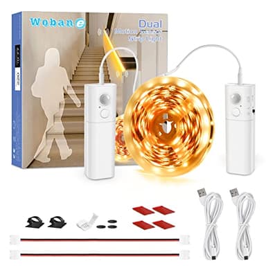 WOBANE 5m Treppenbeleuchtung mit 2 Bewegungsmelder,Wiederaufladbar LED Band mit Lichtsensor,Flexibel LED Streifen mit Akku,Warmweiß Nachtlicht für Flur,Schrank,Bett,Schlafzimmer,2700K