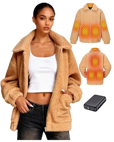 Topdot Beheizbare Lammwolle Jacke Damen mit Powerbank 12V 18400mAh, 8 Heizzonen, Beheizte Jacke mit 3 Temperaturstufen, Heizjacke für Wärme,Khaki,M