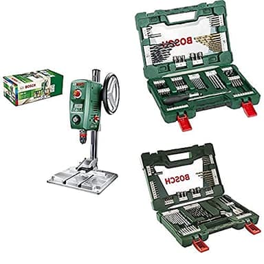 Bosch Tischbohrmaschine PBD 40 + Bosch 91tlg. Titanium-Bohrer- und Bit Set V-Line + Bosch 83tlg. V-Line Titanium-Bohrer- und Bit-Set mit LED-Taschenlampe und Rollgabelschlüssel