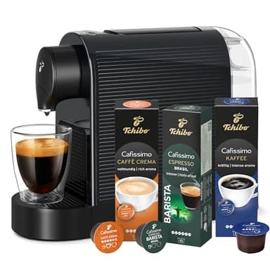Tchibo Cafissimo Pure plus Kaffeemaschine Kapselmaschine inkl. 30 Kapseln für Caffè Crema, Espresso und Kaffee | 0,8l | 1250 Watt | 11,9 x 33,7 x 24 cm | Schwarz