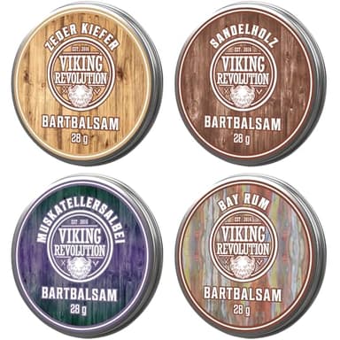 Viking Revolution - Bart Balsam 4er-Sortenpackung - Bartwachs - Stylt, Stärkt und Macht Weich - Sandelholz, Zeder & Kiefer, Bay Rum, Muskatellersalbei - Geschenke Für Männer - 4 x 28g