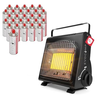 EVOCAMP Tragbare Gasheizung, Camping Heizung 1,7 kW, multifunktionale Keramikheizung, perfekte Gasheizung für Innenräume und Outdoor mit ODS (Sauerstoffmangelsicherung (+ 28 Gaskartuschen)