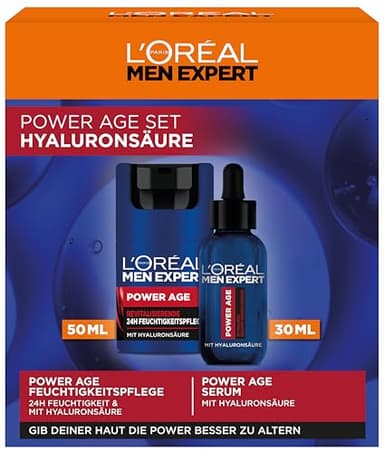 L'Oréal Men Expert Pflegeset gegen Falten für Männer, Geschenkset mit Anti-Aging Gesichtscreme und Serum gegen matte Haut, Geschenke für Herren mit Hyaluronsäure, Power Age, 1 x 50 ml, 1 x 30 ml