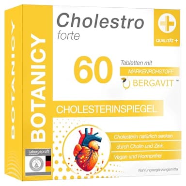 BOTANICY Cholestro Forte mit BERGAVIT® - Cholesterin Natürlich Senken - Bergamotte Extrakt, Vitamin A, C und E, Zink, Selen & Cholin - Hormonfrei, Vegan - 60 Tabletten