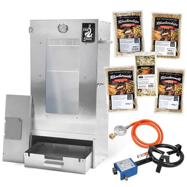 Eversmoke Räucherofen Excellent II Medium – Edelstahl Räucher Starter Set mit Sichtscheibe, Thermometer & Zubehör - Räucherschrank für Fisch, Fleisch & Käse (Starterset + Gasbrenner)