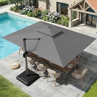 UDPATIO Sonnenschirm 300 x 400 cm Rechteckig mit Ständer, Ampelschirm Groß Aluminium, Marktschirm - Doppeldach, Gartenschirm 360° mit Kurbel, Balkonschirm, Sonnenschutz UV50+, Grau Wasserdicht