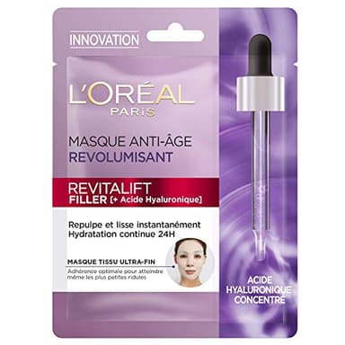 L'Oréal Paris - Stoffmaske für das Gesicht, mit Anti-Falten-Serum, revolutionierend, 24 Stunden Feuchtigkeit, Anti-Aging & auffüllend, mit reiner Hyaluronsäure, japanische Baumwolle, ultradünn