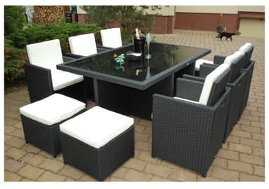 Ragnarök-Möbeldesign Polyrattan Gartenmöbel Set für 10 Personen – XXL Esstisch 190x125 cm mit ESG-Glasplatte – 6 Sessel & 4 Hocker inkl. Polster – Aluminiumrahmen – vormontiert