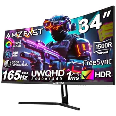 Amzfast 34 Zoll Curved Gaming Monitor - 165Hz(DP), 21:9 UltraWide QHD(3440x1440), 1 ms GtG, sRGB 130%, DCI-P3 95%, HDR, Adaptive Sync, Eyes-Care, VESA 75x75, HDMI 2.0*2/DP 1.4*2, PIP/PBP - AMZG34C5Q