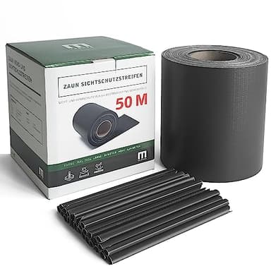 Stabmattenzaun Sichtschutz-Streifen, PVC Folie in Anthrazit, 19cm hoch, 50m lang, inkl. 40 Befestigungs-Clips. Zubehör zum Verkleiden von Doppelstabmattenzäunen und Einzelstabmattenzäunen