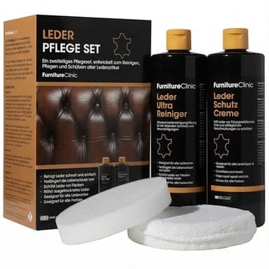 Furniture Clinic Lederpflege-Set 2x500ml – Premium Lederreiniger + Conditioner - Pflegecreme mit Lederduft, inkl. Schwamm & Reinigungstuch – für Couch, Sofas, Autositze, Möbel