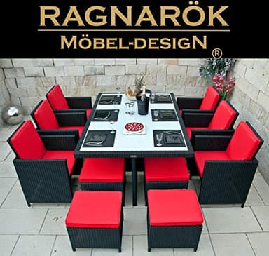 Ragnarök-Möbeldesign Heimdall Premium PolyRattan - Deutscher Hersteller - 8 Jahre GARANTIE - Aluminium Gartenmöbel Essgruppe Tisch Stuhl Hocker Schwarz Rostfrei Rattan Garten Sitzgruppe