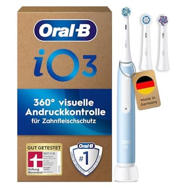 Oral-B iO Series 3 Plus Edition Elektrische Zahnbürste — Electric Toothbrush, Inkl. 3 Aufsteckbürsten, 3 Putzmodi für Zahnpflege — Designed by Braun, GUT GETESTET von STIFTUNG WARENTEST, Hellblau