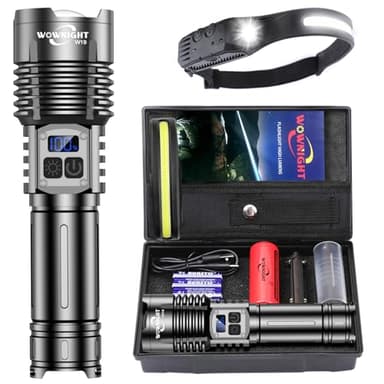 WOWNIGHT Taschenlampe LED Aufladbar 500,000 Lumen, 2 Schalter LED Taschenlampe Extrem Hell USB C, Starke Taktische Taschenlampe Batteriebetrieben, Stufenlos Dimmbar Mit Stirnlampe For Outdoor Notfälle