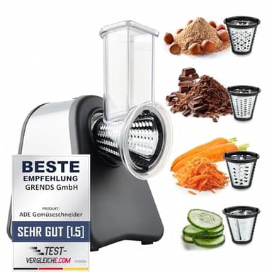 ADE Gemüseschneider elektrisch | Gemüsehobel | Reibe für Obst und Gemüse | Karotten, Gurke, Nüsse | 4 extrascharfe Einsätze | Käsereibe 200 bis 500 W
