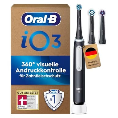 Oral-B iO Series 3 Plus Edition Elektrische Zahnbürste — Electric Toothbrush, Inkl. 3 Aufsteckbürsten, 3 Putzmodi für Zahnpflege — Designed by Braun, GUT GETESTET von STIFTUNG WARENTEST, Schwarz