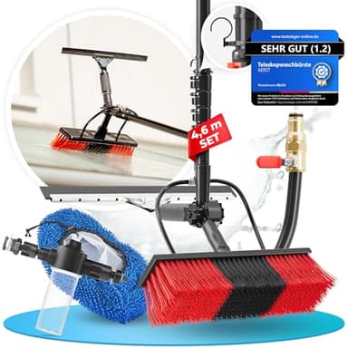 AERST® Teleskop Waschbürste 4,6 m – Profi Reinigungsset mit Teleskopstange, Bürste, Abzieher & Aufbewahrungshaken – Fenster, Solarpanels, Wintergarten & PV-Anlagen – Wasserbesen mit Schlauchanschluss