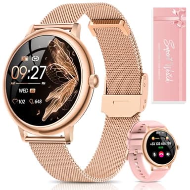 RUXINGX Smartwatch Damen, Kleine Runde Fitnessuhr mit Telefonfunktion 1,19’’ AMOLED Touchscreen 24h Pulsuhr SpO2 Menstruationszyklus, Schlaf Kalorien Schrittzähler, iOS Android Geschenk Frauen, Gold