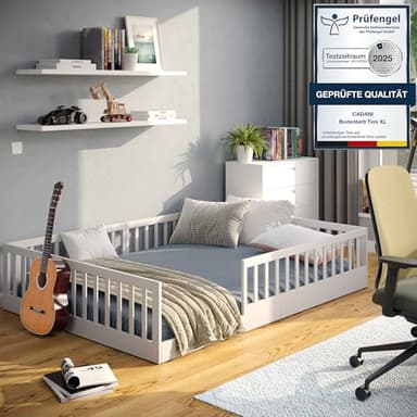 CADANI Timi Kinderbett 140x200 cm Bodenbett, Rausfallschutz abnehmbar, bis 200 kg belastbar, Roll-Lattenrost, Montessori Kiefer Massivholz Bett, 3 Aufbauvarianten, Umbaubar, Weiß