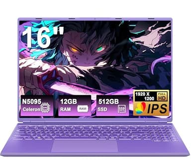 2025 Gaming Laptop 16 Zoll Win11 12+512GB SSD Unterstützung 2TB(HDD-2TB) 1920x1200 Notebook 4-Core Celeron N5095 (bis 2.9GHz) Laptop mit Nummerntastatur WiFi Mini HDMI Deutscher Tastaturschutz-Lila