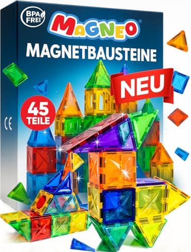 Magnetische Bausteine (45 teilig) - Magnetbausteine für Kinder ab 3 Jahren - Pädagogisches Magnetspielzeug - Kreatives Magnet Spiel mit starken Magneten – Geschenk Idee