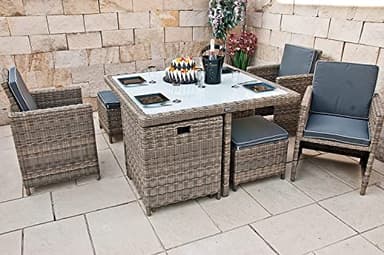 Ragnarök PolyRattan - DEUTSCHE Marke - EIGENE Produktion - 8 Jahre Garantie - Gartenmöbel Essgruppe Tisch 4 Stuhl Hocker 12 Polster Grau Rostfrei Aluminium Natur Dining Würfel Glas