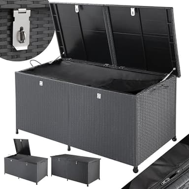 Casaria® Gartenbox XXL Polyrattan Wetterfest 625L UV-beständig Griffe Rollen Gasdruckfeder Garten Wintergarten Auflagenbox Kissenbox 150x77cm Schwarz