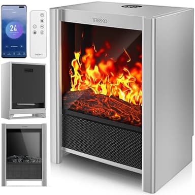 TRESKO® Elektrokamin mit Heizung & Fernbedienung 2000W, WiFi App | Kamin elektrisch LED-Flammeneffekt & LCD-Display | Kaminfeuer mit Thermostat, Timer | Elektro Kaminofen Standkamin Heizlüfter