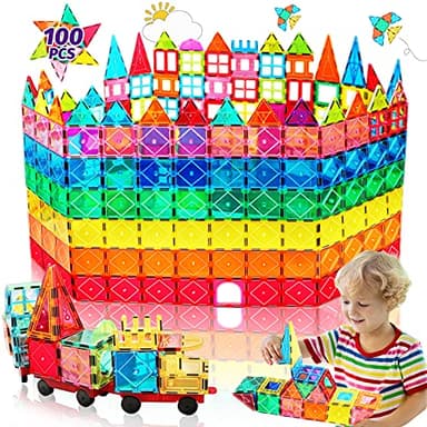 100PCS Magnetische Bausteine mit 2 Autos Magnetbausteine Kinder Magnetspiel Montessori Magnet Bausteine Magnetic Tiles Building Blocks Weihnachts Magnete Geschenk Spielzeug ab 3 4 5 6 7+ Junge Mädchen