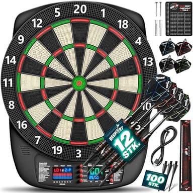 RE:SPORT® Dartscheibe Elektronisch Profi Set mit 12 Pfeilen + 24 Pro Flights + 100 Pfeilspitzen & Zubehör | E Dartautomat für 1–8 Spieler mit 427 Varianten | Elektrisches Dartboard mit LED Anzeige