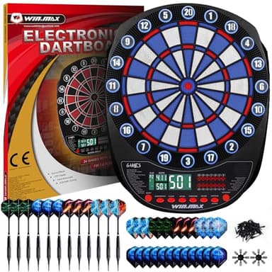 Elektronische Dartscheibe Profi Set 34 Games mit 354 Varianten 3 Sprachen: Deutsch, Englisch, Französisch für 1 bis 8 Spieler mit 12 Darts